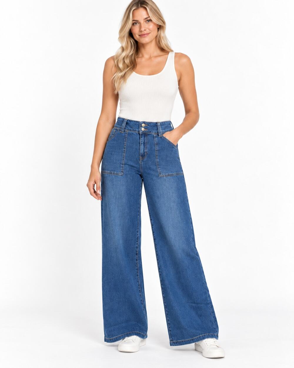 New Charlie B Wide Leg Patch Pocket Jeans Washed Indigo Size 8